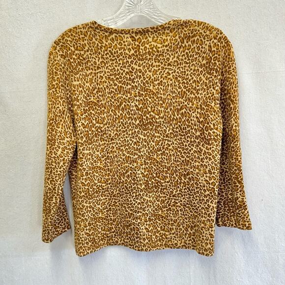 Garnet Hill merino wool leopard print 3/4 sleeve cardigan brown size medium - Picture 5 of 11